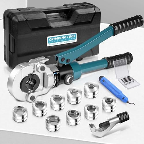 Hydraulisk rörpresstång | Professionell presstång förkromning V-kontur och TH-kontur för kopparrör, rostfritt stålrör | CR rörpressverktyg inkl. rörskärare och avgränsare