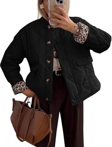Saklifuo Vestes matelassées décontractées pour femme - Doudoune doublée léopard boutonnée - Manteau d'hiver léger avec poches