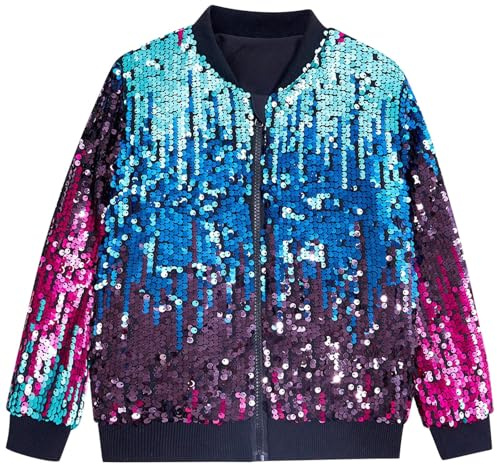Sequin Jacket for Kids Girls Boys Uk Sparkly Bomber Jackets Shiny Long Sleeve Crew Neck Flight Tops Gradient Shimmer Coats Sparkle Casual Sequins Baseball Jacket Party Clubwear Outwear Age 2-14 Years