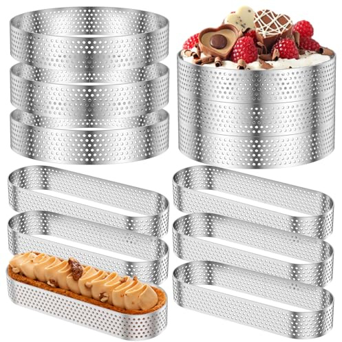 VAVPUP 12 stycken mousse tartelettformar, 6 runda och 6 ovala dessertringar av rostfritt stål, dessert mousse ring med hål, lätt formbar för tårtor mousse bakverk pizzmuffins, diskmaskinssäker