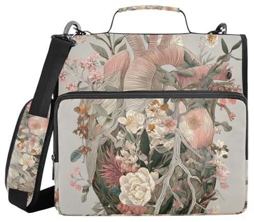 Classeur à fermeture éclair à 3 anneaux avec bandoulière pour l'école, plusieurs poches, organiseur de documents, fleurs sauvages, vignes, cœur humain