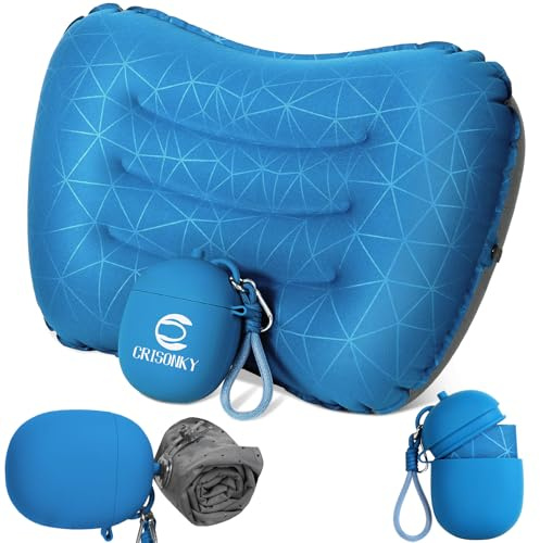 Crisonky Camping Inflatable Pillow with 2-in-1 Silicone Air Pump Storage Bag – Ultralight Travel Pillow for Airplane, Lumbar Support, Dual Valve Easy Inflate, Compressible Ergonomic
