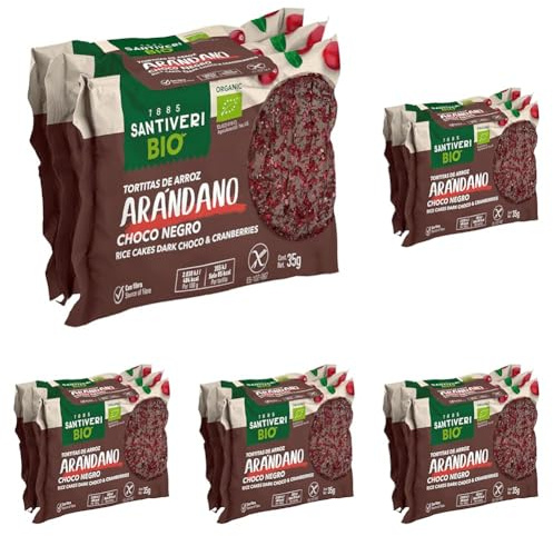 Santiveri - Tortitas de Arroz con Chocolate Negro y Topings de Arándano BIO - Sin Gluten - Con Fibra, Con Ingredientes Ecológicos - 3x37g (Paquete de 5)