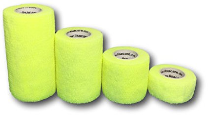 LisaCare Neon cerotto | Benda coesiva | Associazione Sportiva | Benda di fissaggio | Autoadesivo elastico | Set di 4 pezzi da 2,5-10 cm di larghezza x 4,5 m | Selezione di colori (giallo fluo)