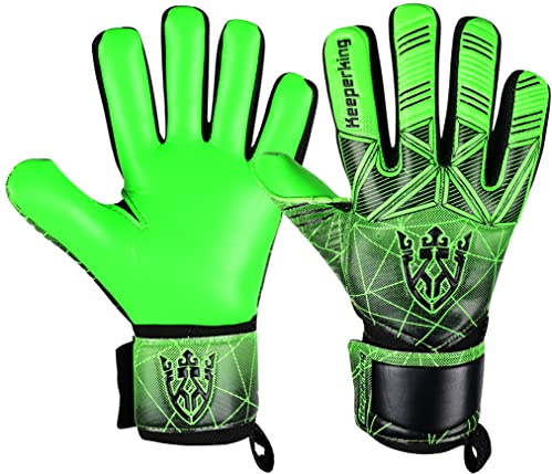 Keeperking - Guanti da portiere per adulti, bambini e adolescenti, con e senza protezione per le dita rimovibile, da 4 mm, unisex, (Protezione per le dita verde rimovibile, 8)
