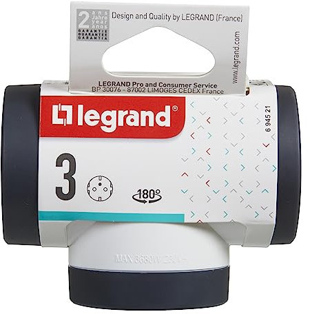 Bticino Legrand LG-694521 Multi Adattatore Presa Tripla, 3 Prese Schuko Standard Tedesco, Spina Grande 16A Rotante 180°, Presa multipla su 3 Lati, Salvaspazio, Finitura Opaca, Colore Bianco e Grigio