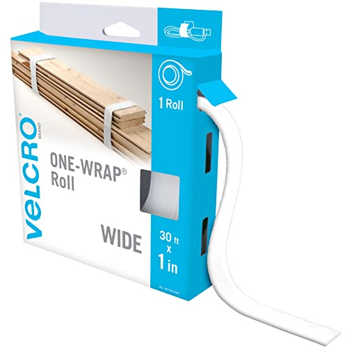 VELCRO Brand VEL-30769-AMS Wide Straps 1 in x 30 ft Roll | Cut to Length, Reusable Self-Gripping Tape | Bundle Poles, Wood, Pipes, Lumber, Garage Organization for Tool Handles Hoses, More | White, 1in