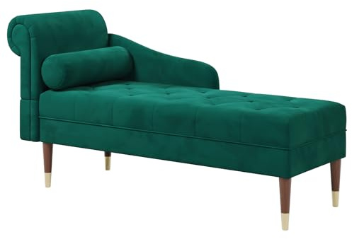 Vesgantti Velvet Chaise Longue, Indoor Lounge Sofa with Left Armrest and Lumbar Pillow, Upholstered Chaise Lounge for Living Room Bedroom and Office, Tool-free Assembly(Green)