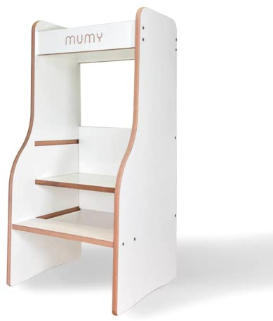 mumy® easySTEP Torre de Aprendizaje Regulable de 3 Niveles, Superficies Resistentes a Las Manchas, Fabricada en Italia con Materiales sostenibles Bicolor Blanco y Fibra de Madera Natural