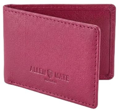 ALLEN & MATE 100% Leather Travel Card Holder - Slim Minimalist Wallet for Travel Bus Pass ID License Oyster Card for Men & Women (Rose Red Premium)