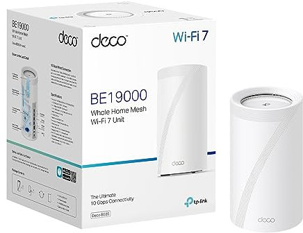 TP-Link Deco BE85 Whole Home Mesh Wi-Fi 7 system, BE19000 Tri-Band WiFi Booster, 2×2.5+2x10Gbps WAN/LAN Ports,12-Stream, AI-Driven Mesh Router, Add on Single Unit for All Deco Mesh