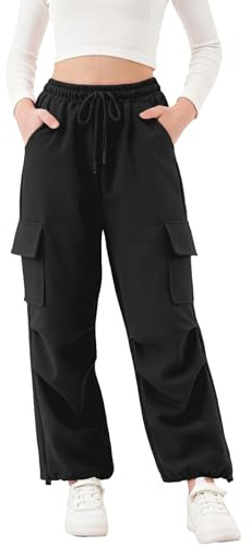 Rolanko Pantaloni Sportivi da Ragazza, con Elastico in Vita Pantaloni da Jogging Attivi Unisex con Tasche Cargo, Nero, 8-9 Anni, 140