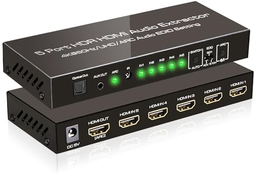 SkycropHD Convertitore estrattore audio HDMI 4K a 60 Hz, 5 in 1 out HDMI Switcher con uscita audio ottica e AUX da 3,5 mm, supporta HDCP 2.2, HDR10, 18 Gbps, ARC
