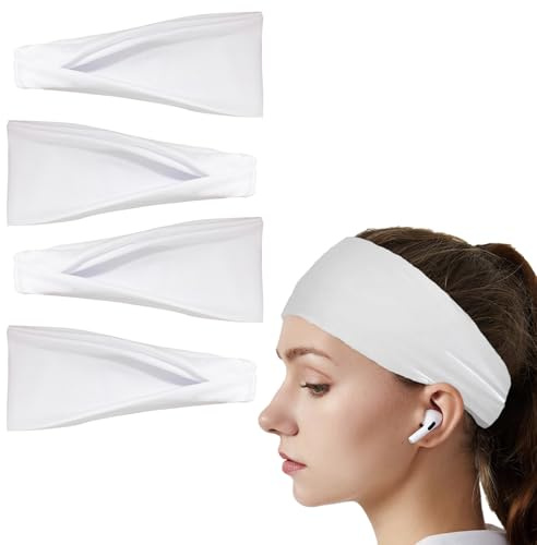 4 Pezzi Sportiva Fascia Capelli, headband Largo,fascia per capelli Antiscivolo,Fasce Elastica per Capelli sport,fascia sudore,per Corsa,Yoga, Fitness,Ciclismo, da uomo e donna(bianco).