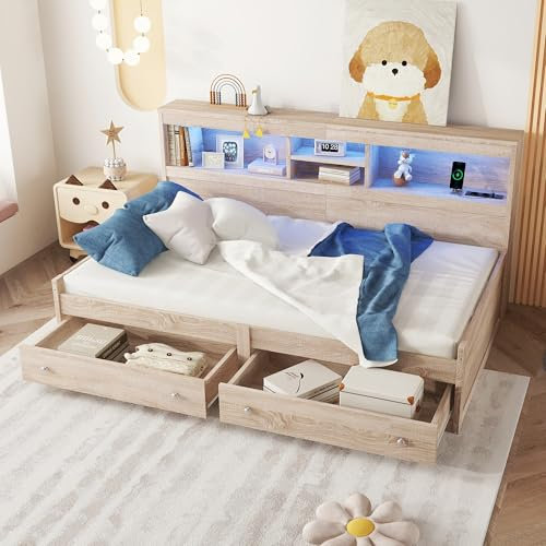 Aoskem Einzelbett 90x200 Kinderbett, Tagesbett Sofabett mit Stauraum 2 Schubladen, Stauraum LED-Kopfteil mit USB&Ladebuchsen, Stauraumbett Bettgestell mit Lattenrost, Jugendbett, Ohne Matratze (Natur)