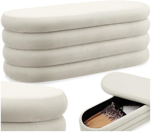 tectake® Sitzbank mit Stauraum, Sitzhocker, Hocker mit Stauraum, Pouf, Polsterhocker, Sitztruhe, Truhe mit Deckel, Truhenbank mit Stauraum, Möbel Wohnzimmer, 110 x 45 x 42 cm - Samtoptik Creme-weiß