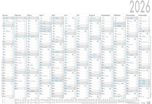 Zettler Plakatkalender 12 Mon 5 Stk. gerollt 2026 – Wandkalender groß 100 × 70 cm, 12 Monate auf 1 Seite, 5 Spalten für Urlaubsplanung, Tages-, Wochen- & Arbeitstagezählung, Ferien, schwarz/blau