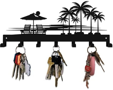 useNumber Schlüsselhalter im tropischen Stil, Wandhalterung mit 7 Haken, Schlüsselaufhänger, Organizer für Haustür, Flur, Eingangsbereich und Büro, mit Sonnenuntergang und Kokosnussbaum-Design
