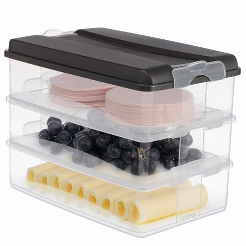 Hausfelder contenitore salvafreschezza per affettati set vassoi frigo, impilabili con coperchio, scatola di conservazione del frigorifero per salumi, 3 x 2,3 l