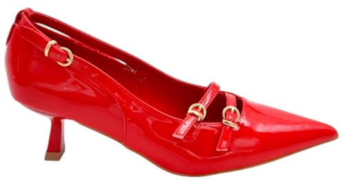 Malu Shoes Decollete Donna in Vernice Lucida Rossa con Tacco Kitten 3 cm e Cinturini Incrociati sul Dorso Piede Ganci Oro (39 EU)