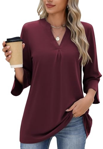 heekpek Chemisier Femme Chic et Élégant Blouse Col V Tee Shirt Femme Manche 3/4 Décontracté Ample Haut Manche Longue Top Printemps Été Automne, Bourgogne, L