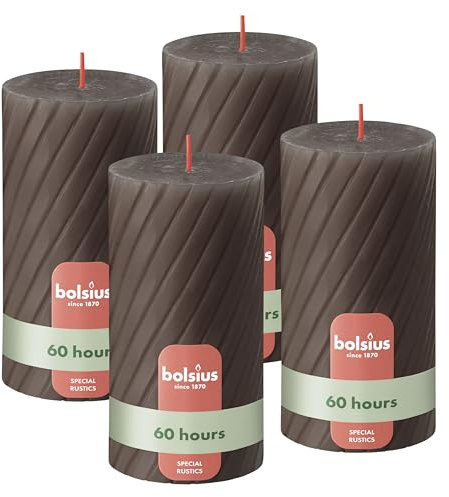 Bolsius Rustic Pillar Candles – Acanaladas – Topo – Set de 4 – 13 cm – Velas Decorativas para el Hogar – Hechas con Cera Natural de Origen Vegetal – Sin Aceite de Palma