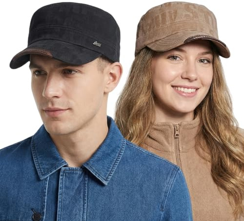 HIQIU 2 stycken militärkeps i bomull herr armé keps cadet hatt – unisex vintage militär armé platt keps justerbar basebollkeps, Svart + kamel, M-L