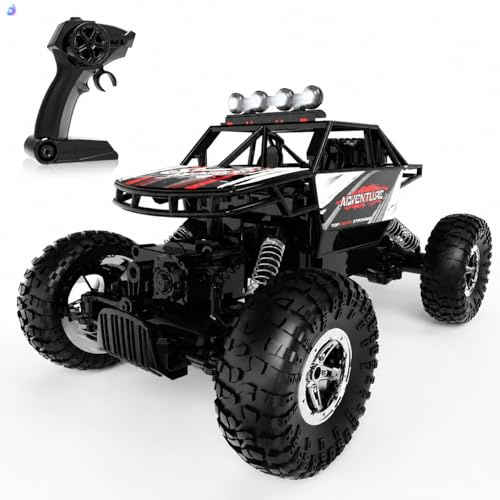 DEERC 1:14 RC Monster Truck 4WD Off Road Remote Control Car Metal Body | Rock Crawler with Dual Motors, LED Lights, 2.4GHz All Terrain Truck, 2 Batteries for 90 Min Play, Gift for Boys and Adults