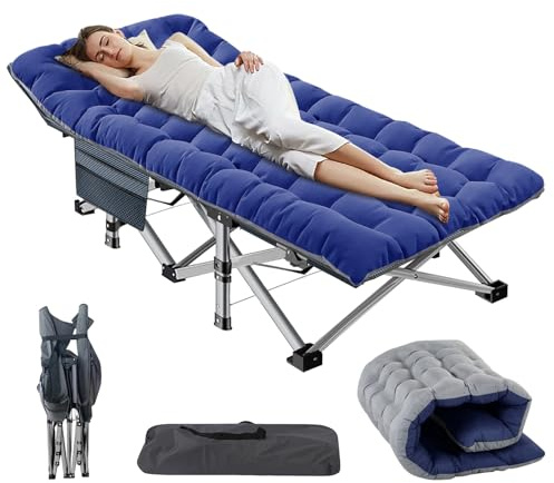 ZIKEBTUY Garden Sunloungers 440lbs Load Capacity Folding Bed Sun Recliner Lounger with Side Pocket and Adjustable Backrest Portable Camp Bed for Camping Office Nap Patio Pool 190x71x35CM (Blue)