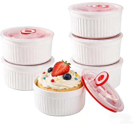 Tanggaogao 6 Pack Ceramic Ramekins with Lids, 8oz/240ml Oven Safe Creme Brulee Dishes, 4 Inch/10cm Porcelain Souffle Cups, Stackable Baking Bowls, Microwave Dishwasher Safe - White