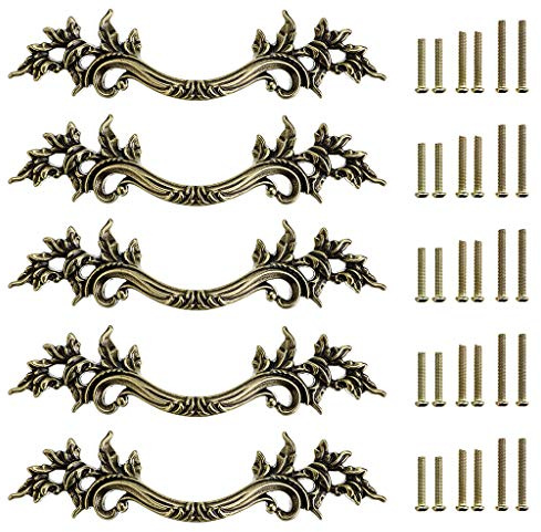 JUXYES Pack of 5 European Style Vintage Cabinet Handles Pulls, Antique Decorative Dresser Drawer Pulls Retro Drawer Pull Handles Knobs for Cupboard Cabinet (Antique Bronze)