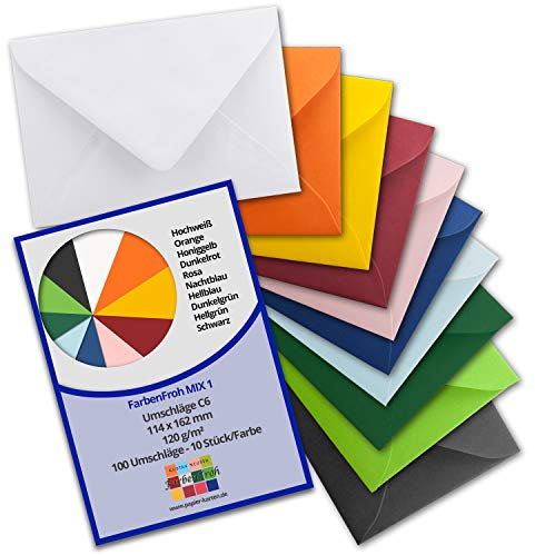 100 Brief-Umschläge - Farbenmix-Paket 1 - DIN C6-114 x 162 mm - Kuverts mit Nassklebung ohne Fenster für Gruß-Karten & Einladungen - Serie FarbenFroh