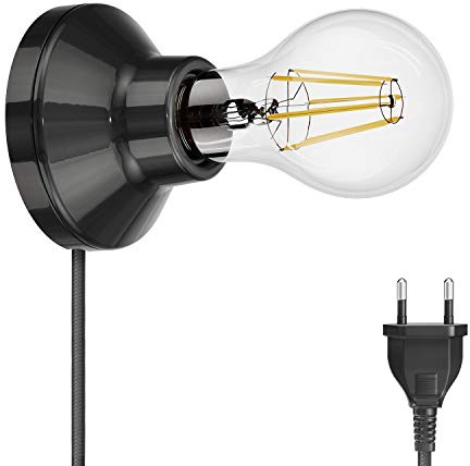 ledscom.de E27 Porslin Lampfot Elektra, rund med kontakt och strömbrytare svart 90mm inkl. glödlampa 1600lm varm vit
