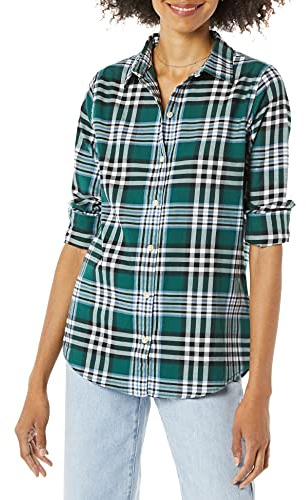 Amazon Essentials Women's Regular-Fit Long-Sleeve Lightweight Plaid Flannel Shirt, Dark Green Kilt Plaid, L