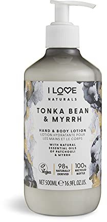I Love Naturals Tonka Bean & Myrrh Hand & Body Lotion, Essential Oils Of Patchouli & Myrrh, Crafted With Ingredients Such as Shea Butter, 500ml