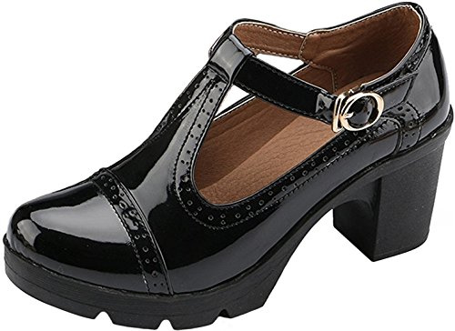 PPXID Women's T-Strap Mary Jane Pumps Dress Oxfords Mid Block Heel Platform Court Shoes Patent Black 5 UK