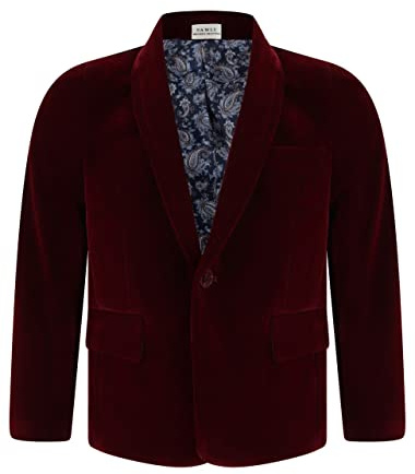 Boys Velvet Blazer Kid Suit Jacket Paisley Lining Smart Casual Formal Coat Wine, 7-8 Years