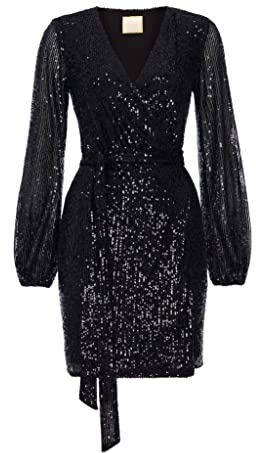 Swing Fashion Ines | Schwarz Mini Donna Elegante Festivo | Vestito da Festa Sera | Abiti da Sposa Lucido Corto | Abito Glitterato | Sexy | Manica Lunga | Nero | 38 (M), M
