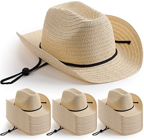 Unittype 48 Pcs Kids Cowboy Hat Bulk Western Party Straw Cowboy Cowgirl Sun Hat Set with Lanyard for Children Boy Girl Party Costume Accessories