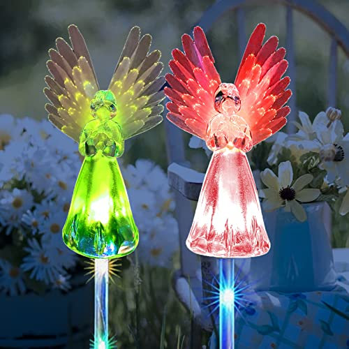 VGE Lot de 2 lampes solaires d'extérieur en forme d'ange, LED multicolore changeant sur piquet avec fibre optique pour cimetière, cimetière, patio, décoration extérieure, cadeau commémoratif
