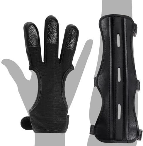 MARRTEUM 2 Pcs Archery Glove & Arm Guard Kit Leather PU Archery Bracer Three Finger Guard Protective Gear Accessories for Men Women & Youth