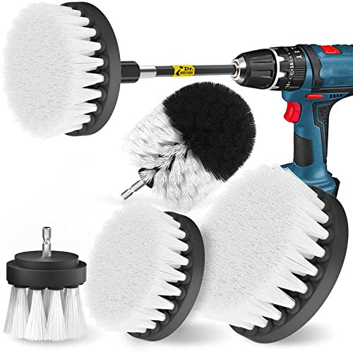 Holikme Bürstenaufsatz Bohrmaschine Set, 5 Stück Bürstenaufsatz Akkuschrauber Bürste Drill Brush, Leistungsstarke Bohrbürste Reinigungsbürste für Felgen/Fliesen/Küche/Böden/Auto/Badewanne,Weiß
