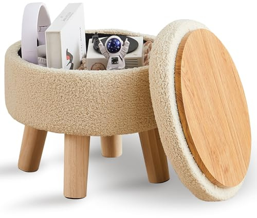 Wimarsbon Storage Ottoman, Modern Round Footrest with Soft Padded Seat, Teddy Velvet Footstool with Wood Legs, Accent Small Table or Plant Stand for Hallway, Living Room (Off-White)