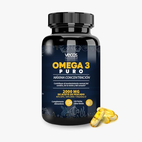Omega 3 Puro 2000mg por Dosis Diaria en Cápsulas - 120 Perlas de Omega 3 con Ácidos Grasos de Alta Potencia, 600 mg EPA y 800mg DHA - Aceite de Pescado con Vitamina D - Sabor Limón