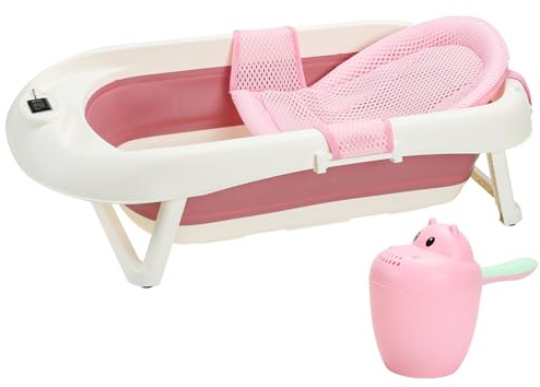 Eulenke Baignoire pour bébé de 0 à 6 ans, pliable, pieds antidérapants, thermomètre intégré et gobelet de lavage des cheveux, 50 l, rose