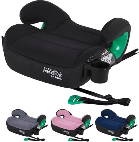 FableKids Sitzerhöhung Auto Kinder Isofix | 3-Punkt-Sicherheitsgurt | Kindersitzerhöhung bis 12 Jahre | Autositz für Kinder 125-150cm mit Becherhalter | ECE R129/03 | Schwarz