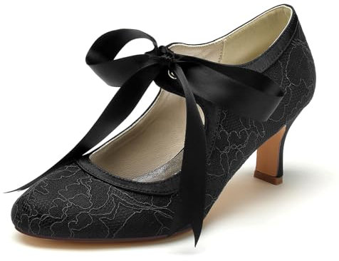 ENWIND Women's Mary Jane Shoes Lace Satin Bridal Shoes Round Toe Low Kitten Heel Ribbon Tie Wedding Shoes,Black,4 UK