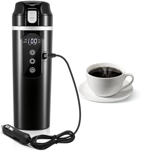24V/12V Travel Electric Kettle for Car/Truck, 500ml Portable Vehicle Electric Heated Water Cup with LCD Temperature Display, 304 Stainless Steel Car Heating Mug for Hot Water, Coffee, Milk(Black)