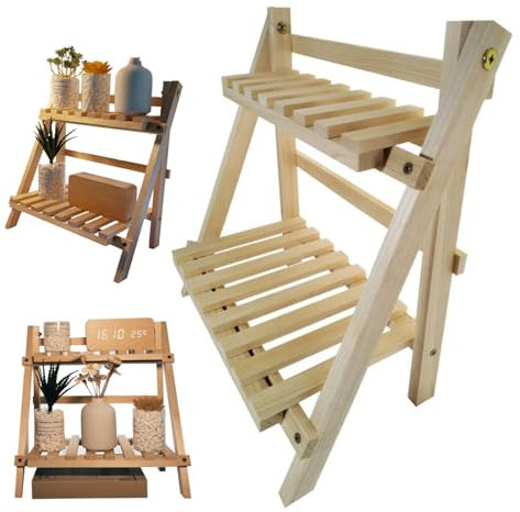BEAHING 2 Tier Wooden Ladder Shelf for Table Shelf Unit 34x18x35cm Foldable Standing Simple Style Trapezoidal Flower Ladder Stand for Garden Living Room Bedroom Table Shelf Unit