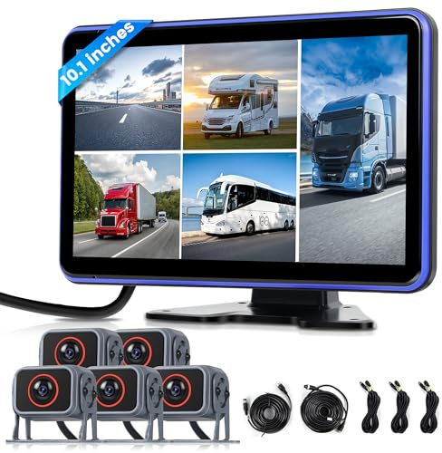 Cámara de Visión Trasera Kit con 5 Cámara con 10.1 Pulgadas IPS Monitor con Cable de 5M + 15M, IP68 Impermeable, Visión Nocturna, BSD, Vídeo en Bucle, DVR para Camión/Bus/Furgoneta/Caravana